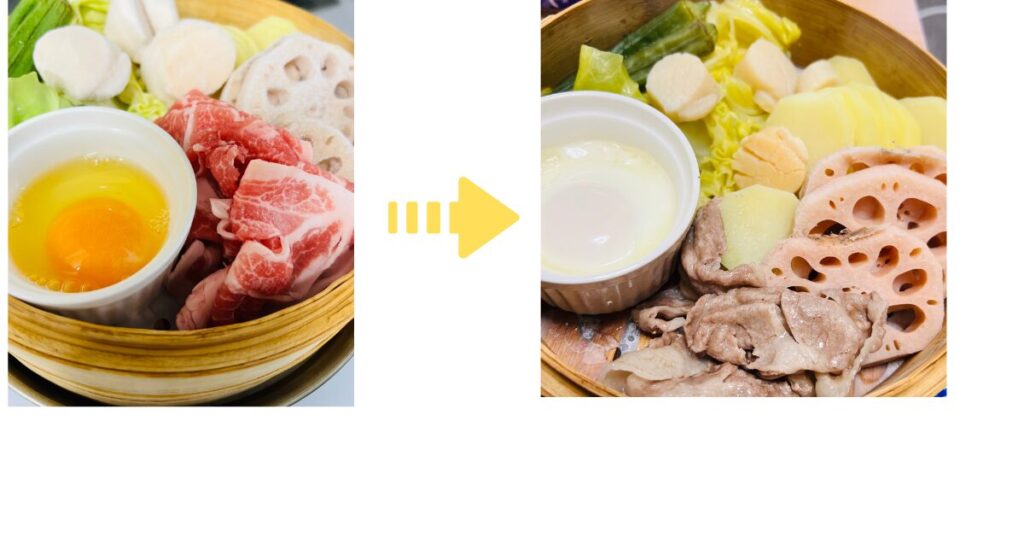 せいろで一人用のランチを作って、火にかける前とかけた後の比較写真