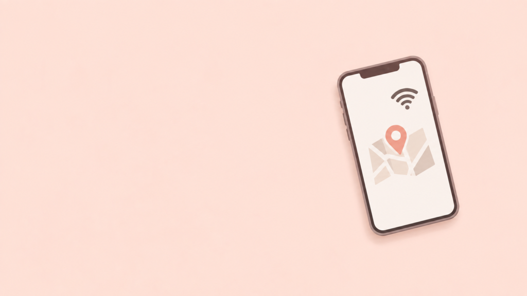 スマホの地図アプリに現在地のピンと電波マークが表示されたイラスト