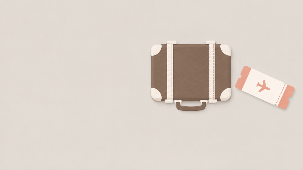 ブラウンのスーツケースと飛行機マークのチケットのイラスト
