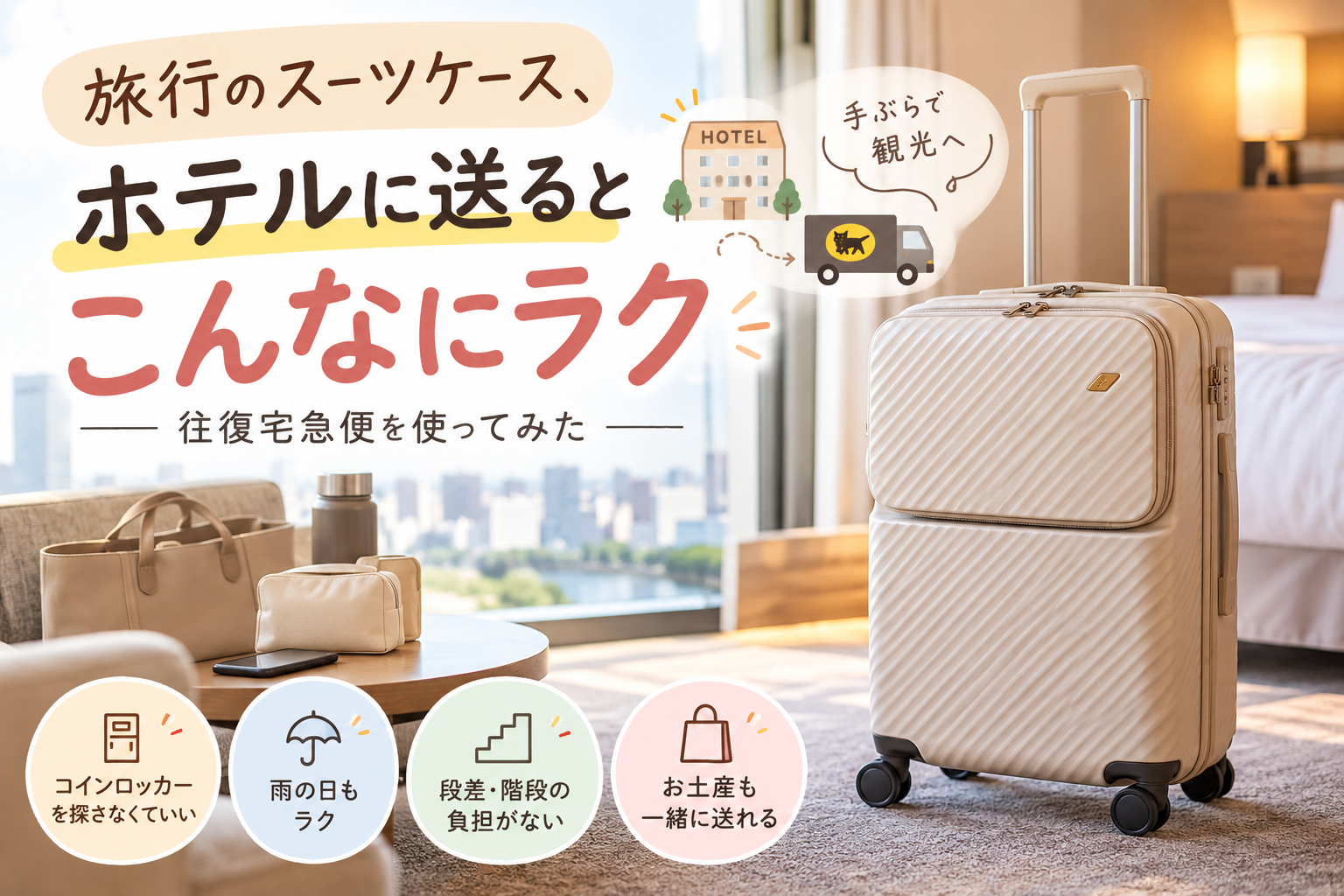 旅行のスーツケースをホテルへ送る記事のアイキャッチ。往復宅急便でホテルの部屋に届いたスーツケース
