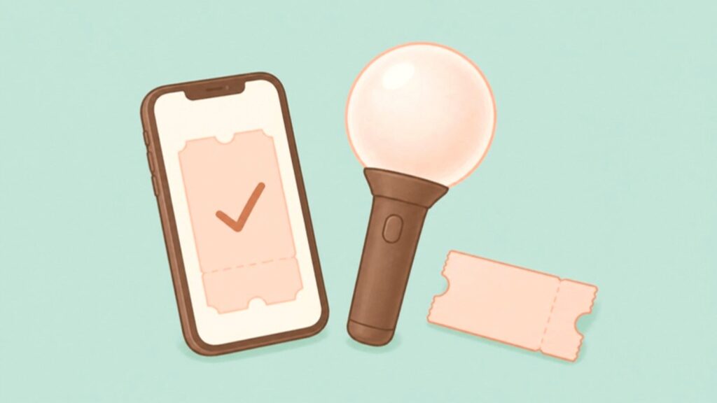 スマホに表示した電子チケットと、丸いペンライトと紙のチケットのイラスト