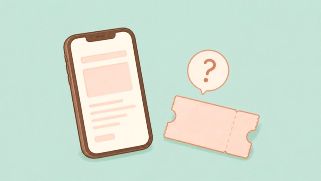スマホと、はてなマークがついたチケットのイラスト